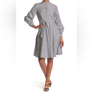 CALVIN KLEIN Striped Balloon Sleeve Tie Waist Shirt Dress Size 6